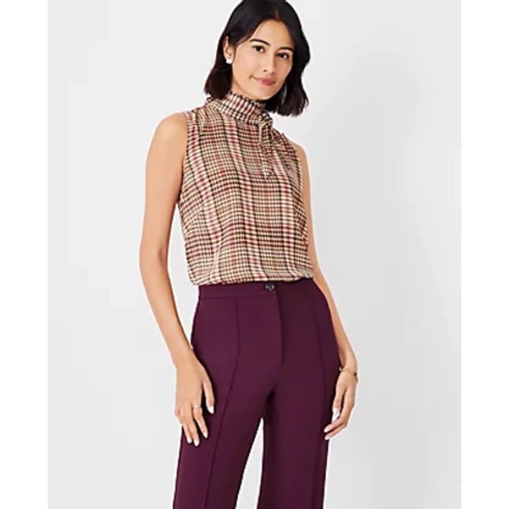 Ann Taylor Plaid Side Tie Mock Neck Shell Brown Size XL